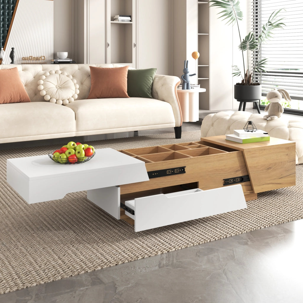 Tavolino da Salotto con Piano Scorrevole; 2 Cassetti e Vani; Stile Moderno; in MDF; Naturale e Bianco