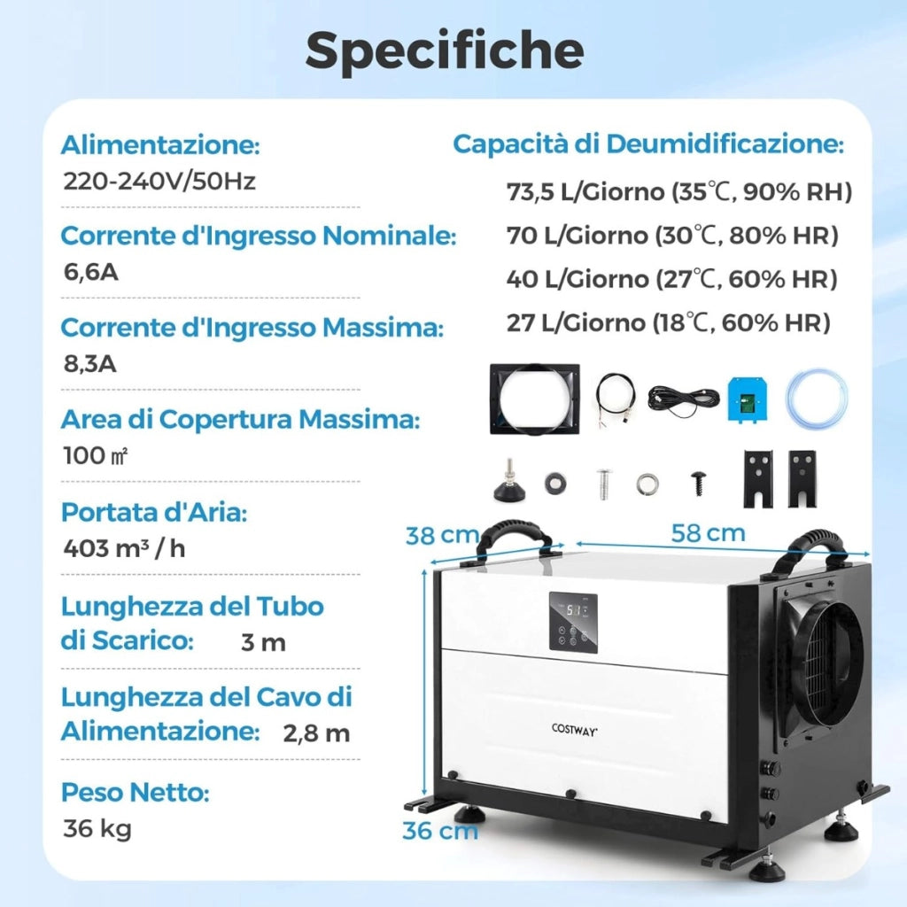 Deumidificatore industriale con tubo di drenaggio e sbrinamento automatico, Deumidificatore per spazi ristetti Bianco-Condizionatori aria