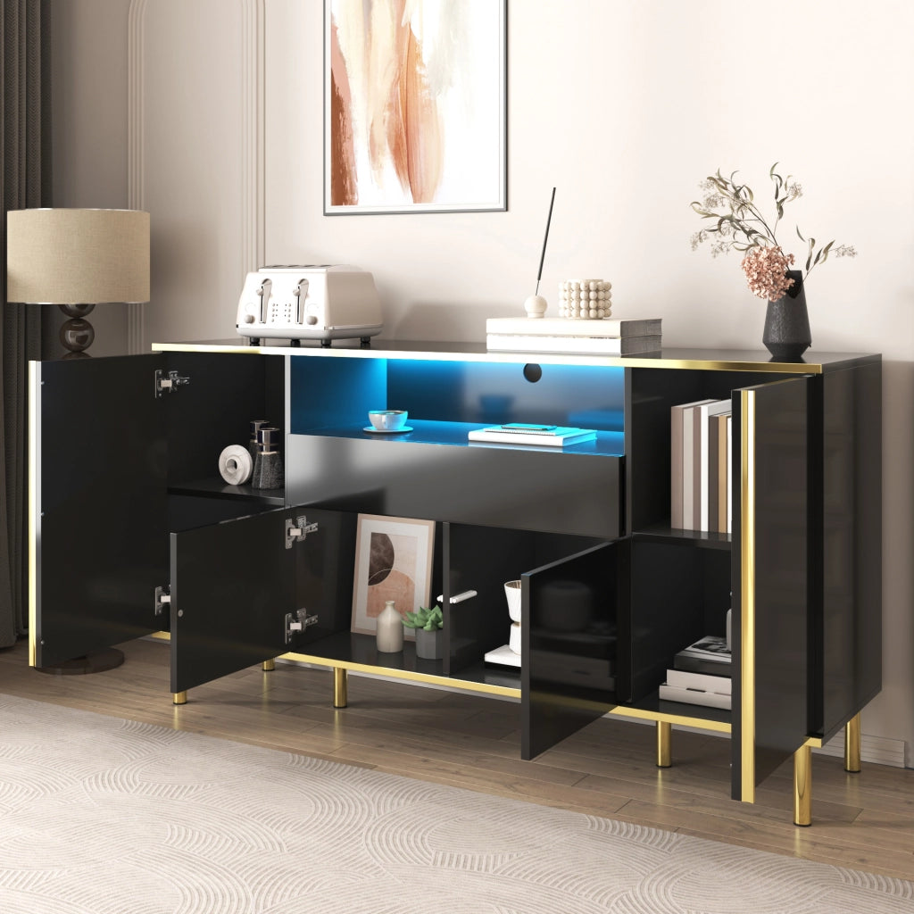 Credenza a 4 ante con 1 cassetto e LED, finitura nero lucido con dettagli dorati e vano capiente 150 × 40 × 80 cm