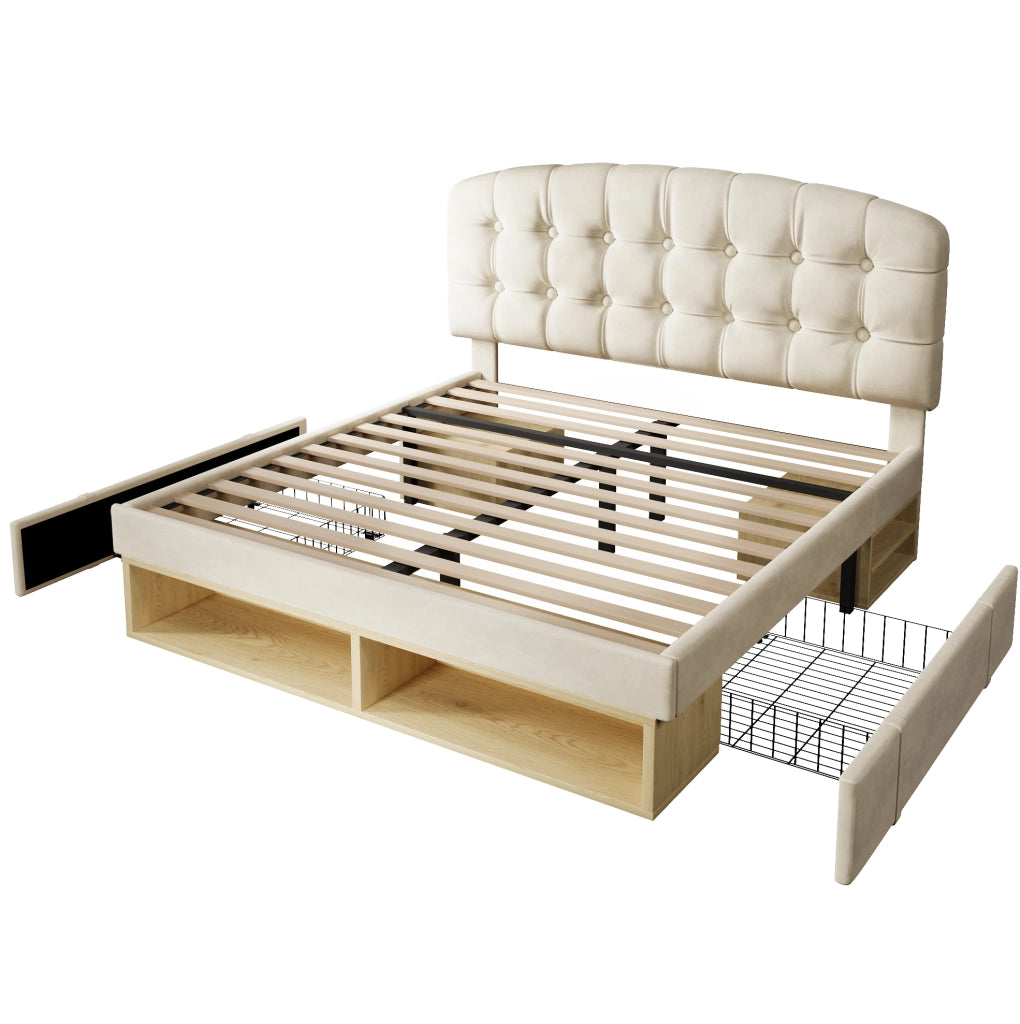 Letto imbottito 140x200 cm con testiera regolabile; cassetti e contenitori; velluto beige