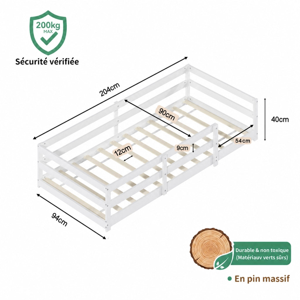Letto per bambini Montessori 90 × 200 cm con barriera di sicurezza, rete inclusa, senza materasso, in pino, bianco