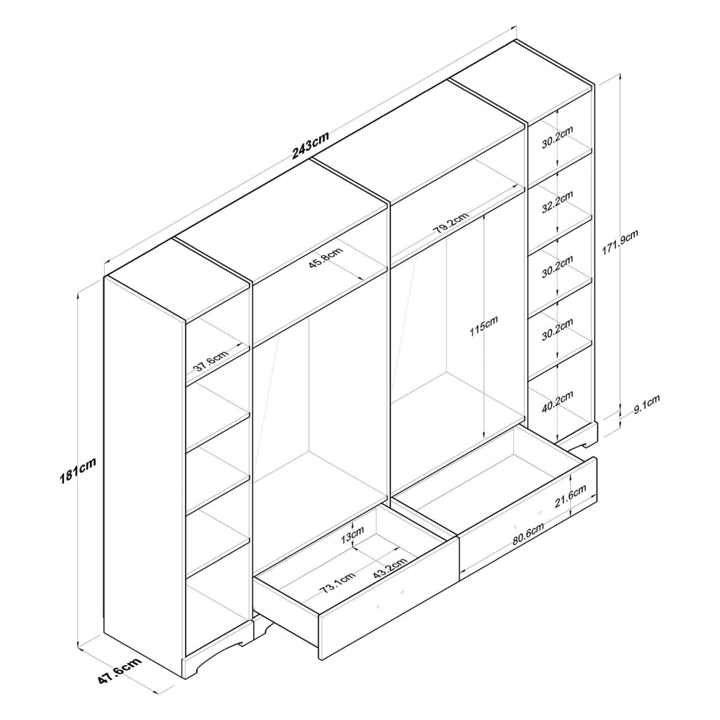 Armadio Camera da Letto Madruzzo, Guardaroba Grande 10 Ripiani, 243x181h cm Bianco