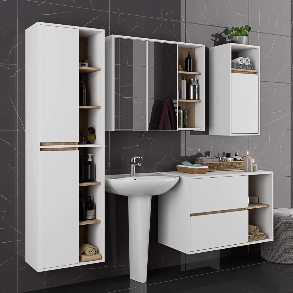 Pensile bagno con specchio VAMI Bianco, Sonoma Quercia 90 cm 2 ante 90x15x75 cm