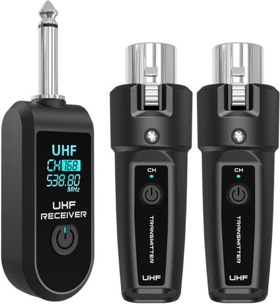 Sistema 2,4 GHz senza fili – 1 Ricevitore + 2 Trasmettitori – Ricaricabile – Adatto per Microfono, Mixer, Chitarra & Basso