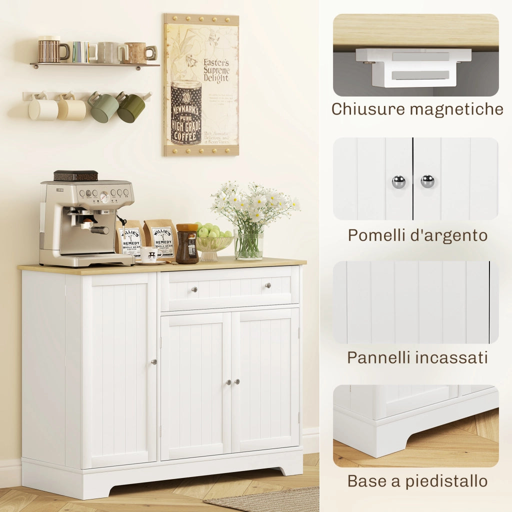 Credenza Moderna 105x40x83 cm Mobile Buffet con Cassetto e Armadietti in MDF Bianco