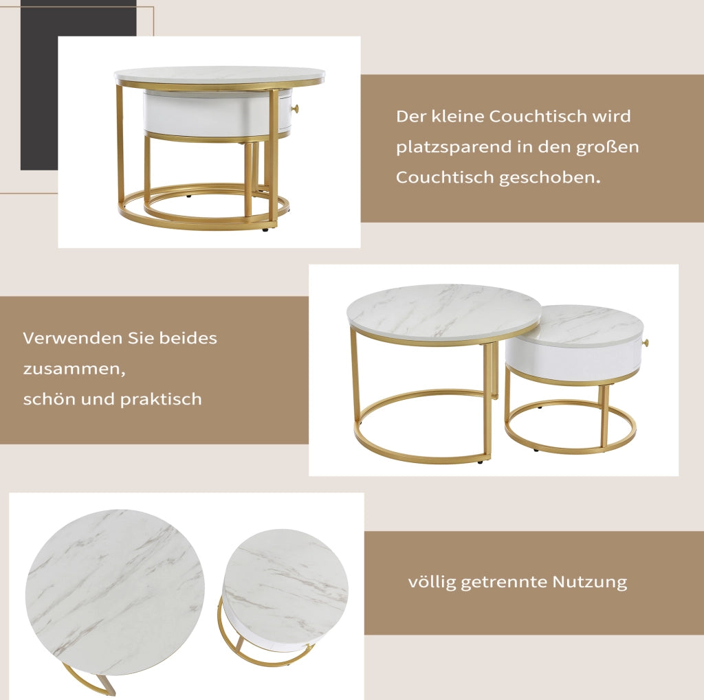 Set 2 tavolini da salotto rotondi impilabili 70/50 cm in MDF bianco lucido effetto marmo