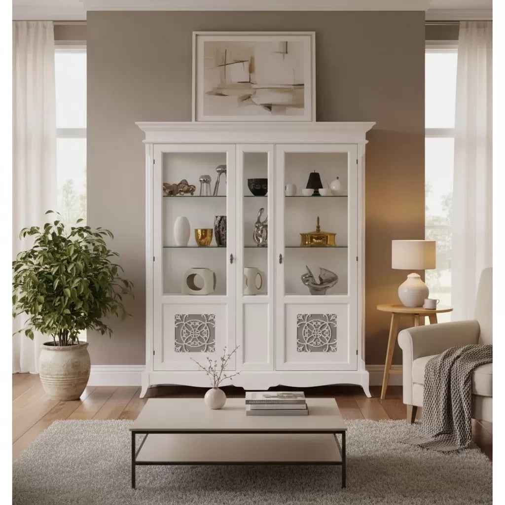 Vetrina 2 porte legno shabby bianco con intarsi 166x51x214 - Mobili 2G