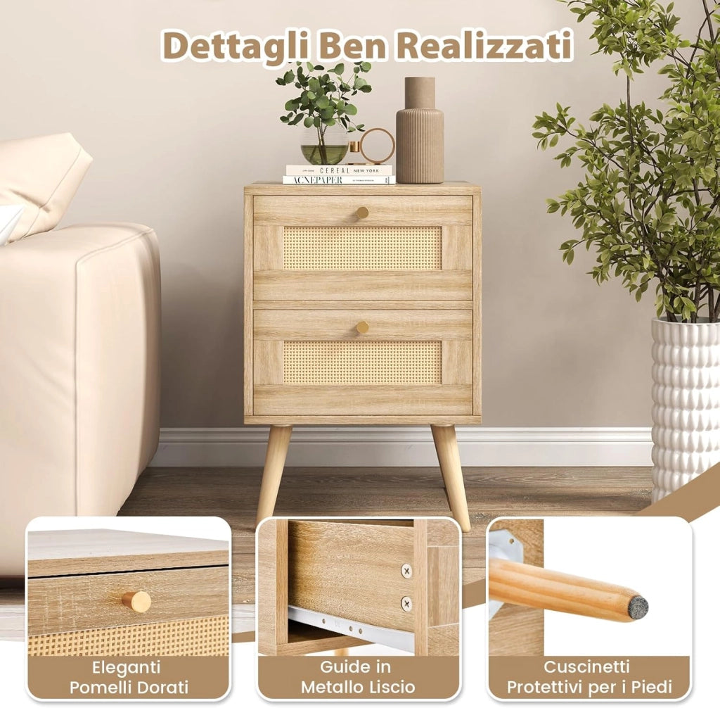 Comodino in Rattan con 2 Cassetti, Tavolini Laterali Moderni con Gambe in Legno Massello, per Soggiorno e Camera da Letto, 40 x 40 x 59 cm (2)