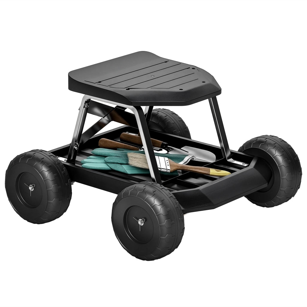 Sgabello da Giardino con Ruote e Vassoio Portattrezzi ¨C Xylo ¨C Nero 50x49x32cm Carico 130kg