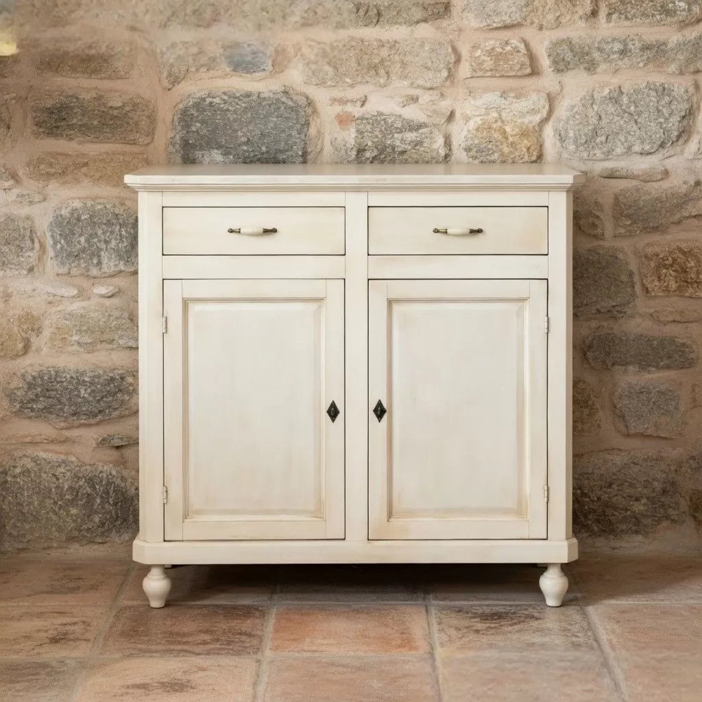 Credenza 2 porte 2 cassetti legno shabby bianco anticato maniglia porcellana 105x45x98 - Mobili 2G