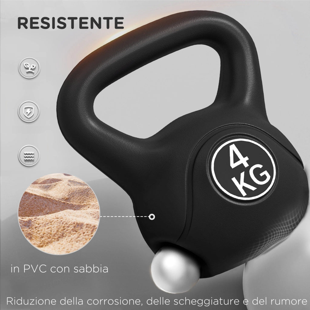 Kettlebell 4 kg ¨C zephmum ¨C Plastica e Sabbia, Base Piatta, Impugnatura, 18x12x20 cm, Nero