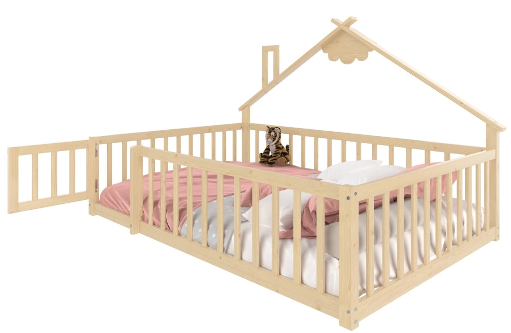 Letto per bambini a casetta 90x190 cm in pino naturale con sponda