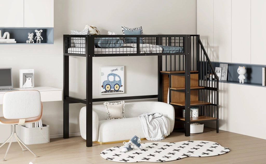 DESMIU Letto a soppalco per bambini 1 posto con scala, armadio e ripiani 90 × 200 cm, senza materasso