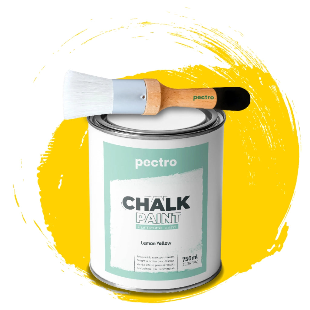 Chalk Paint Vernice a Gesso 750ml + Pennello Tondo in Legno Pack - Pittura per Mobili Senza Carteggiare (GIALLO LIMONE)