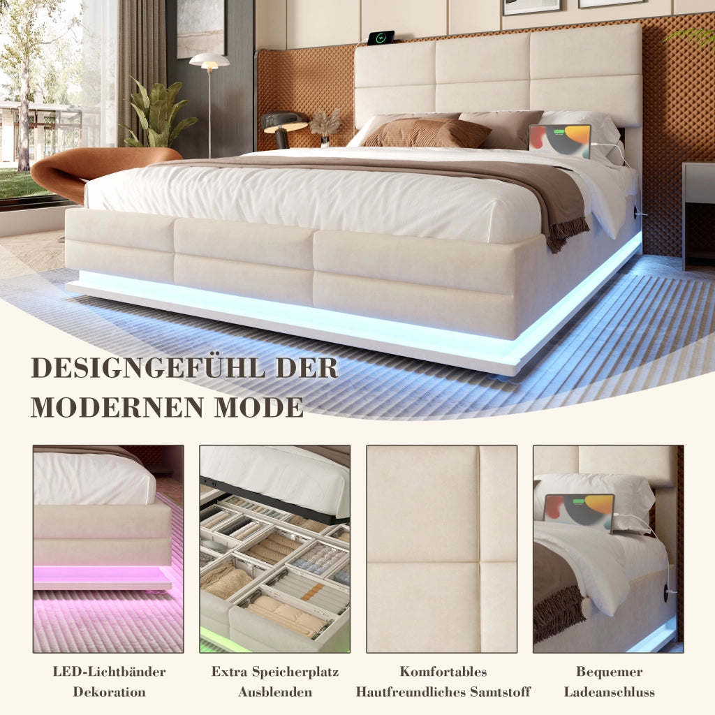 OKWISH Letto Contenitore 160×200 cm, Letto Matrimoniale con USB, Tipo C, LED Regolabile e Testiera Regolabile, senza Materasso, Velluto, Beige