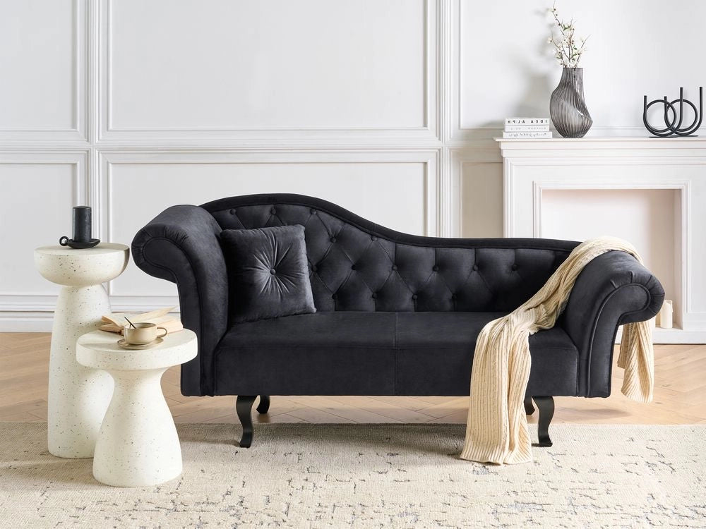 Chaise Lounge in velluto nero imbottito a lato sinistro con cuscino in stile retrò tradizionale Facile da pulire Adatto agli animali domestici