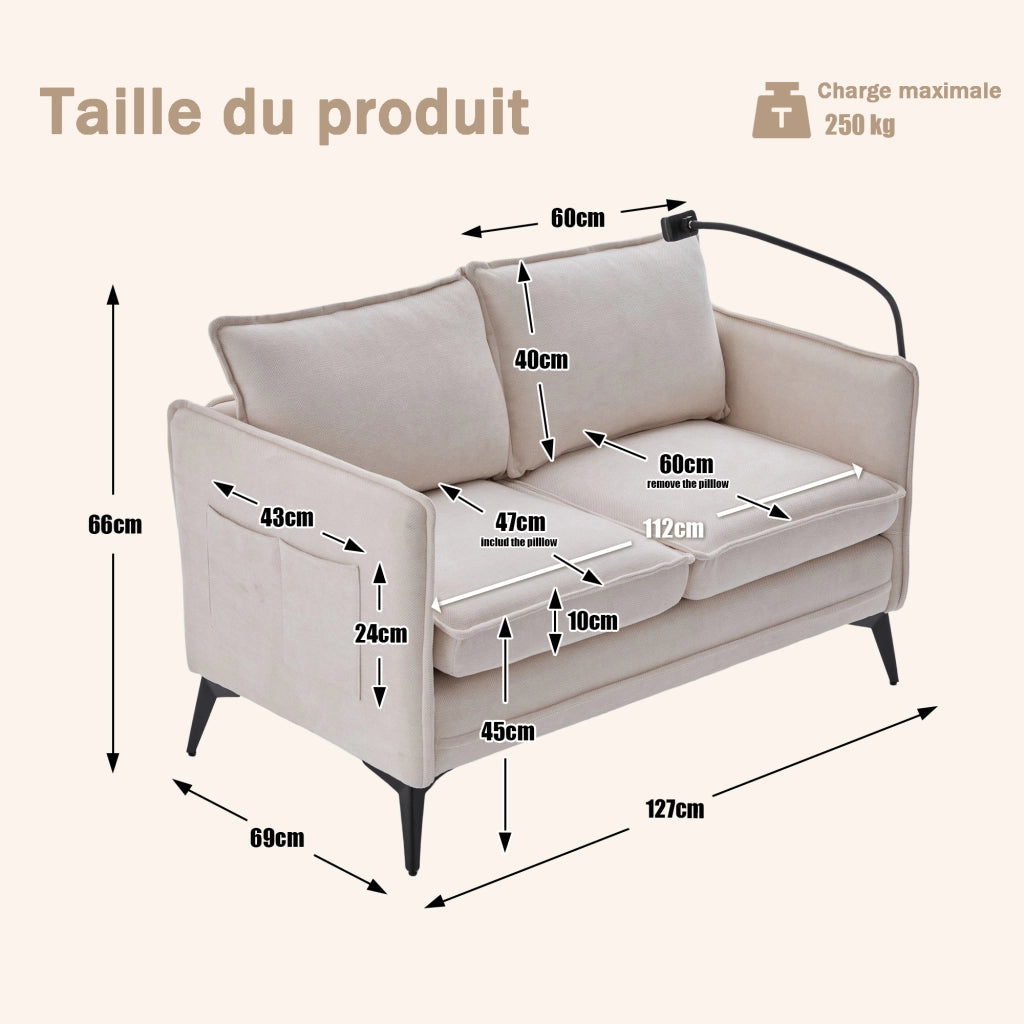 OKWISH Divano Lineare 2 Posti con Supporto Regolabile per Telefono e Tasche Laterali, Ciniglia Beige, 127 × 69 × 66 cm