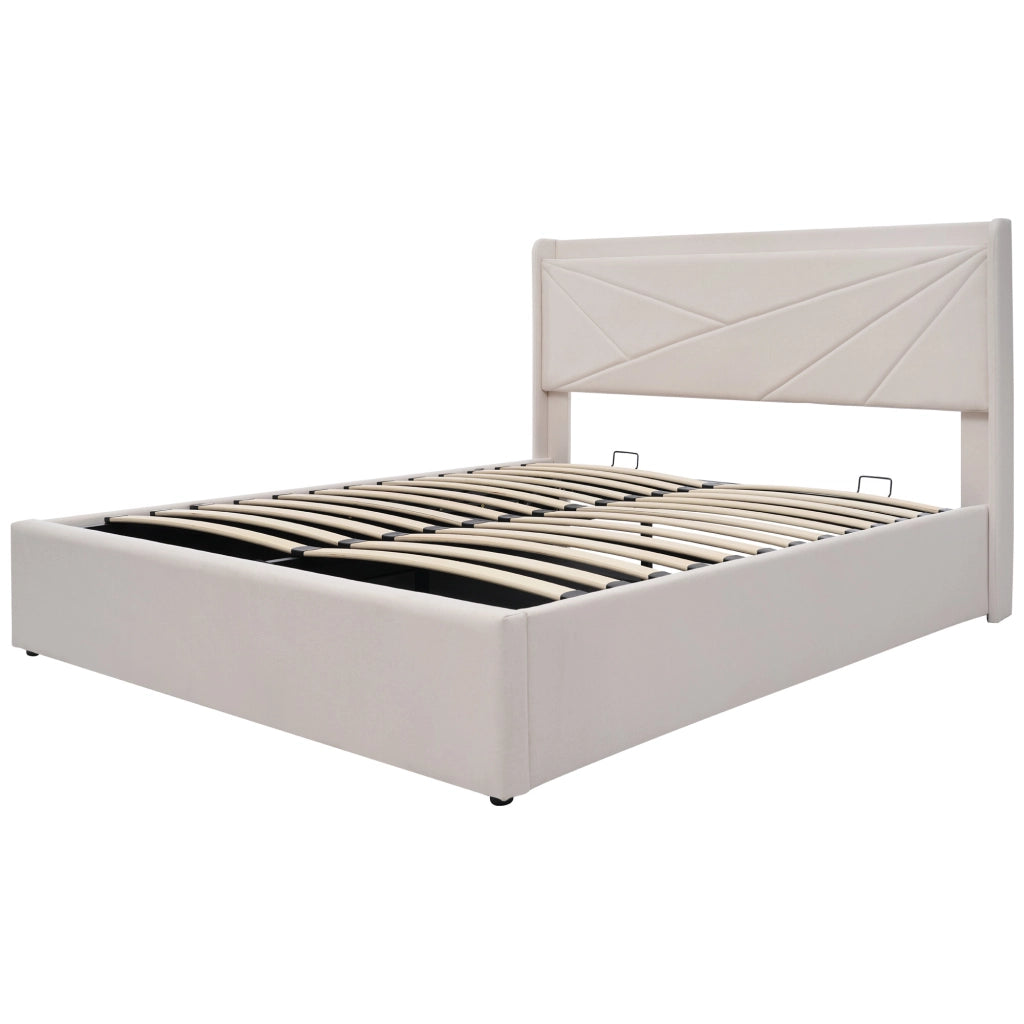Letti contenitori 140x200 cm con contenitore e ricarica USB Type-C; cotone e lino beige (Senza materasso)