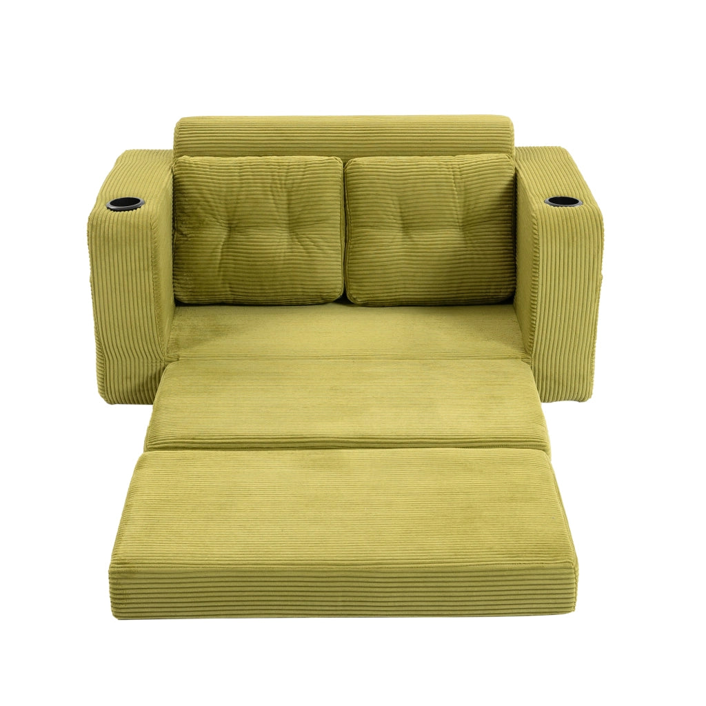 Sofa modulare a 2 posti in tessuto corduroy; con braccioli e tasche laterali; verde oliva
