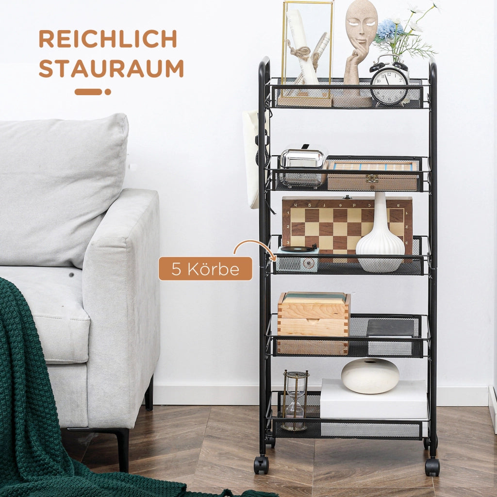 Carrello da cucina con 5 cestini, 4 ganci, ruote ¨C zephmum ¨C Bianco, 45x26.5x106 cm