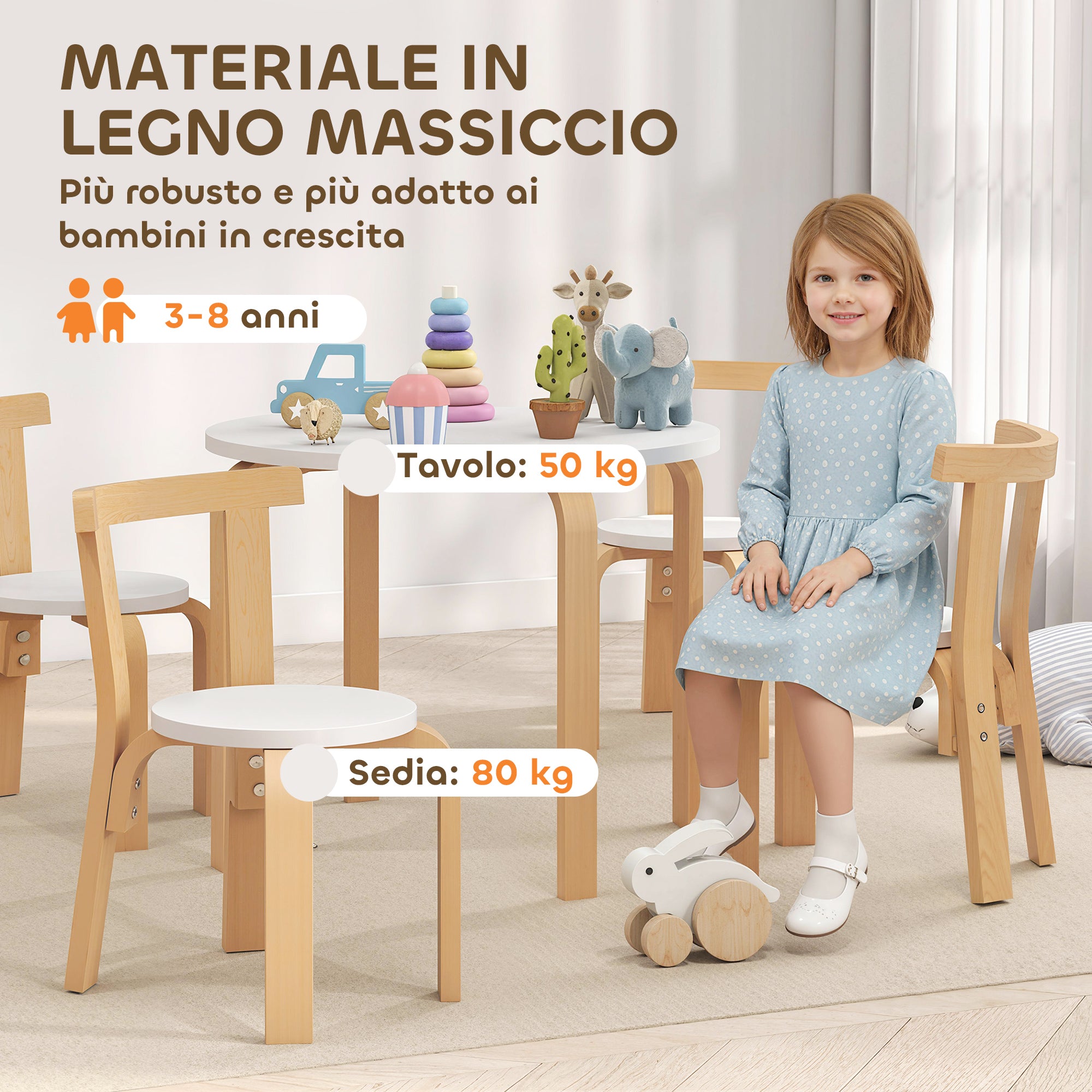Set Tavolo e 4 Sedie per Bambini 3-8 Anni 5 pz con Bordi Arrotondati in Legno Bianco