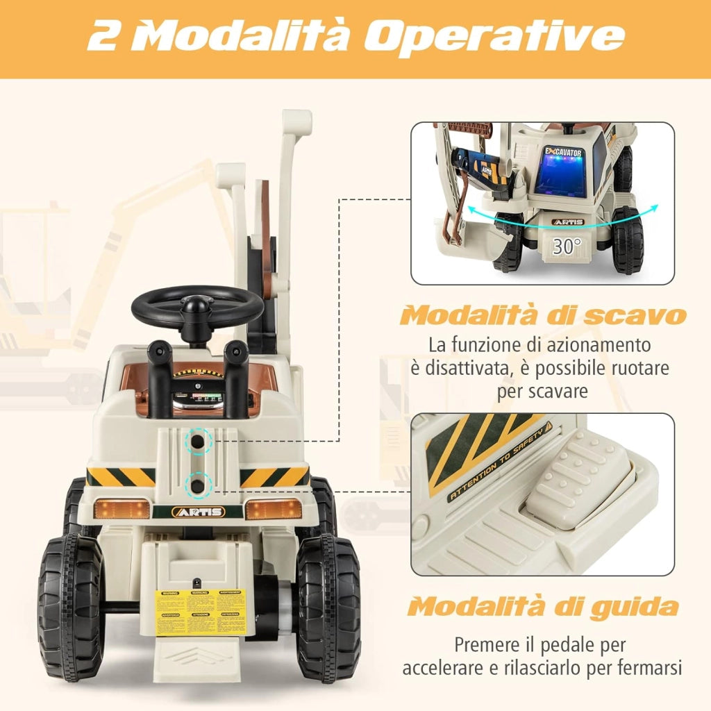 Escavatore Cavalcabile per Bambini, Ruspa Cavalcabile con Sedile Scomparto Portaoggetti, Funzione di Musica e di Educativa, Regalo per Bambini 3 Anni+ (Grigio)