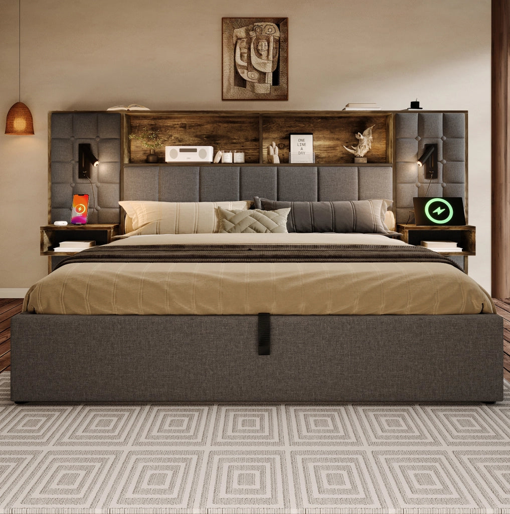 Letto imbottito grigio 160x200 con luci, ricarica e spazio contenitivo