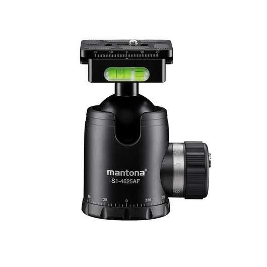 Mantona Fortress Testa a sfera per stativi treppiedi fotografici, 46 mm max 25 kg, con funzione panoramica 360° e 3 livelle, incl piastra sgancio rapido, per fotocamera accessori fotografia