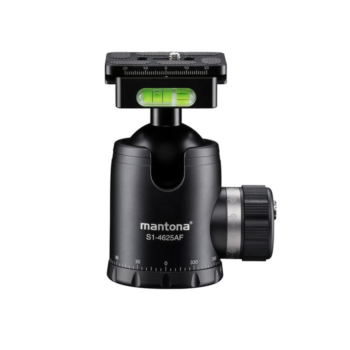 Mantona Fortress Testa a sfera per stativi treppiedi fotografici, 46 mm max 25 kg, con funzione panoramica 360° e 3 livelle, incl piastra sgancio rapido, per fotocamera accessori fotografia