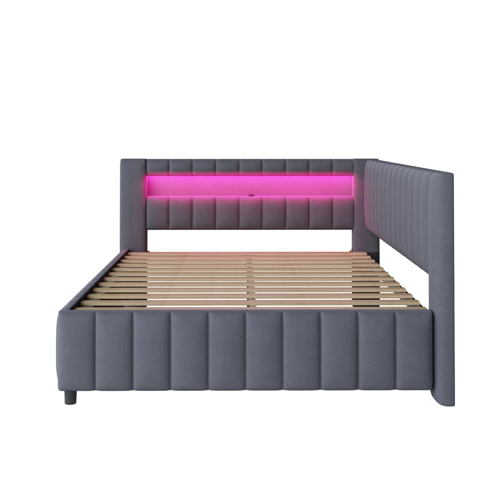 Letto imbottito a L 140x200 cm con LED e porta USB in velluto grigio