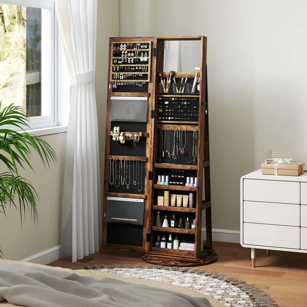 Specchio Girevole Portagioie con Ripiani e Chiusura ¨C zephmum ¨C 55x55x161 cm Marrone Legno