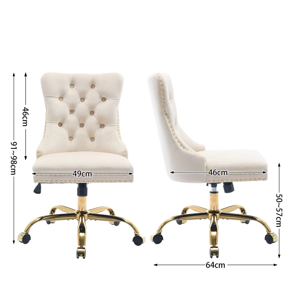 Sedia da ufficio girevole in velluto con seduta ampia schienale trapuntato e base metallica dorata beige