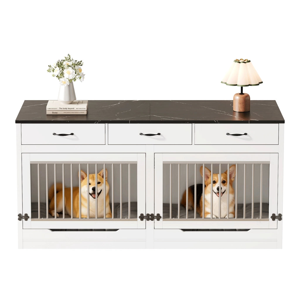 Mobile Gabbia per Cani 164×60×81 cm con Divisorio Rimovibile; 3 Cassetti e Piano Effetto Marmo Nero