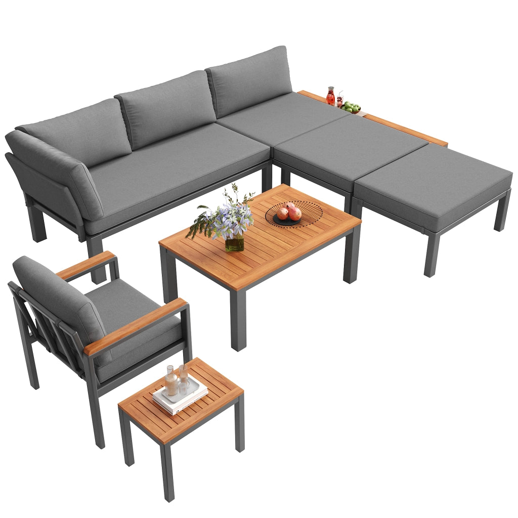 Set sedute modulari esterni: metallo; cuscini; tavoli legno; terrazza/balcone/piscina; grigio