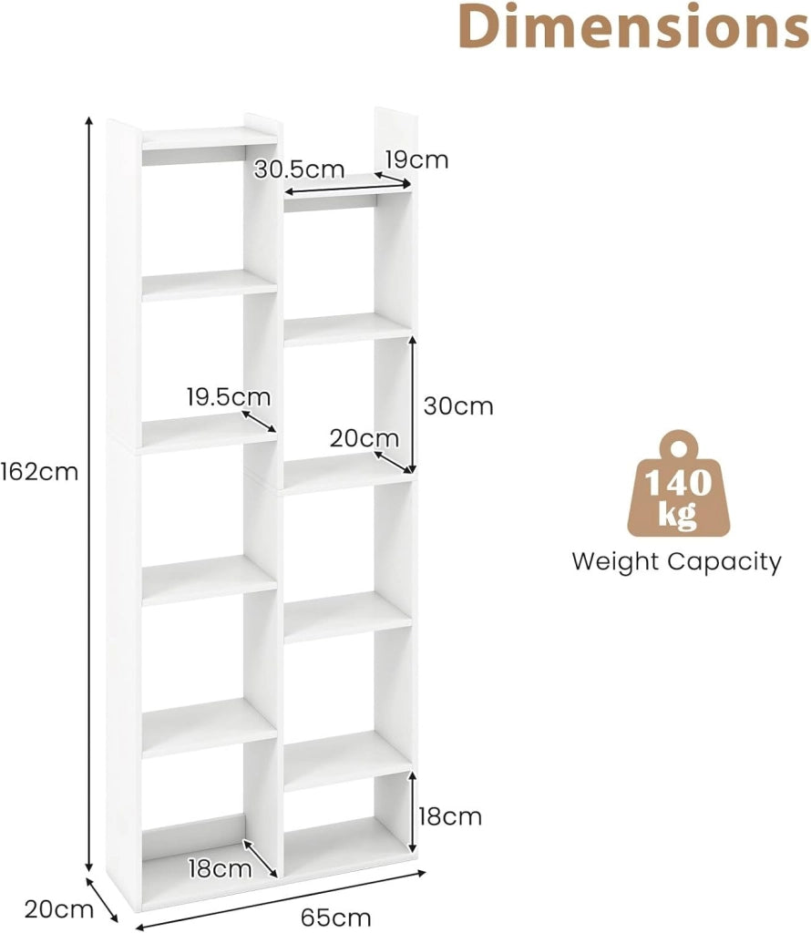 Libreria da Parete a 6 Ripiani con 10 Scomparti e 2 Mensole, Libreria Verticale a Forma di Albero con 2 Dispositivi Anti-Ribaltamento, Scaffale per Soggiorno, 65 x 20 x 162 cm (Bianco)