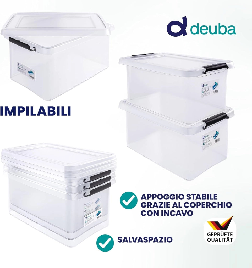 4x Contenitore Trasparente 40L con Coperchio BPA Free Scatole Impilabili Scatola Organizer Cucina Congelatore Contenitori Plastica Box