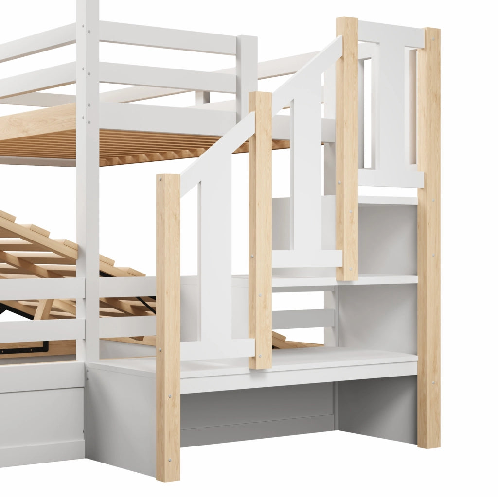Letto a castello con contenitore idraulico 90x200/140x200 cm; bianco e naturale