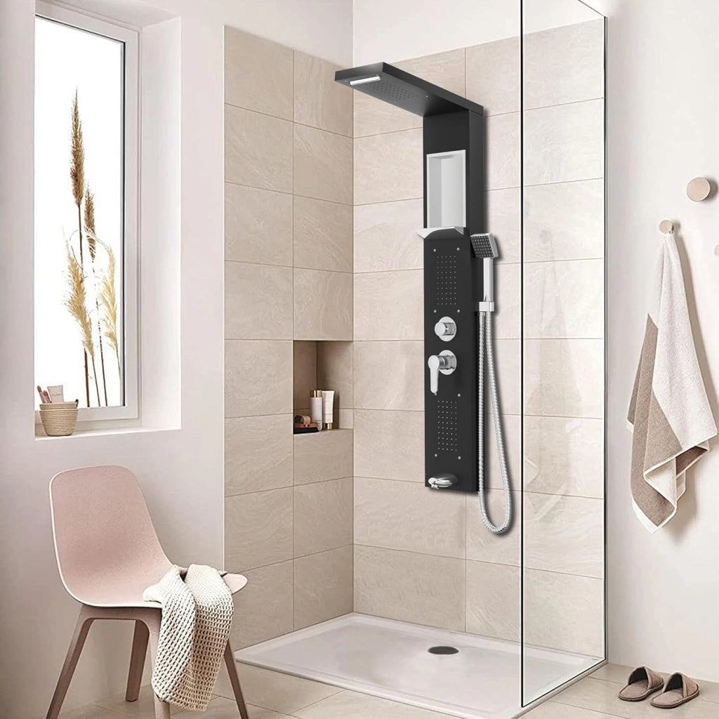Set completo per doccia a pioggia, pannello doccia in acciaio inox, colonna doccia, 5 funzioni, doccia a cascata, doccetta massaggiante, doccetta manuale, scarico vasca, soffione doccia, nero