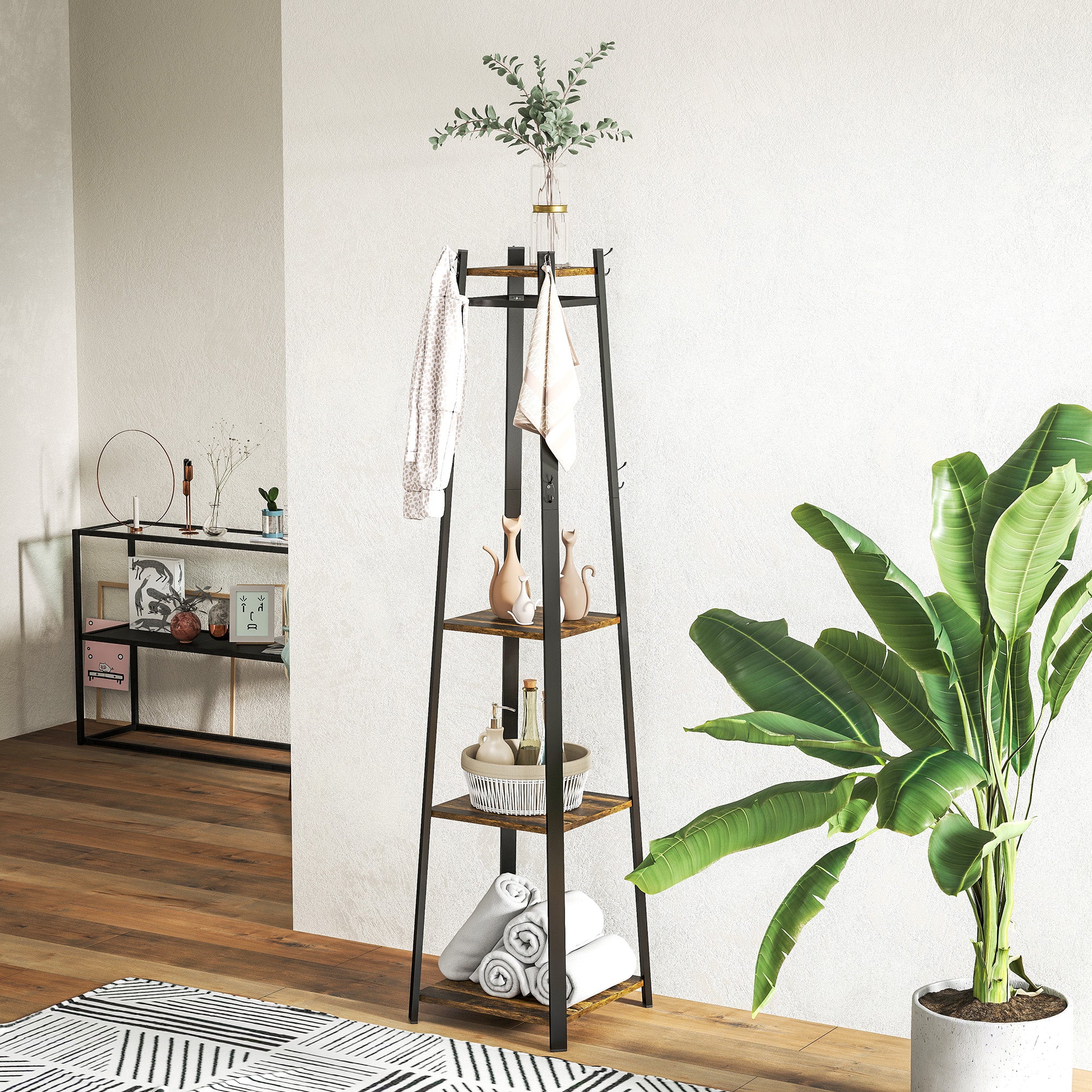 Appendiabiti da Terra 34x34x170 cm con 8 Ganci e 4 Ripiani in MDF Marrone