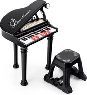 Tastiera Pianoforte a 31 Tasti con Microfono e Sgabello, Pianoforte Giocattolo Portatile con Modalità di Insegnamento a LED, Pianoforte a Coda per Bambini 3+ Anni (Nero), 35 x 30 x 55 cm