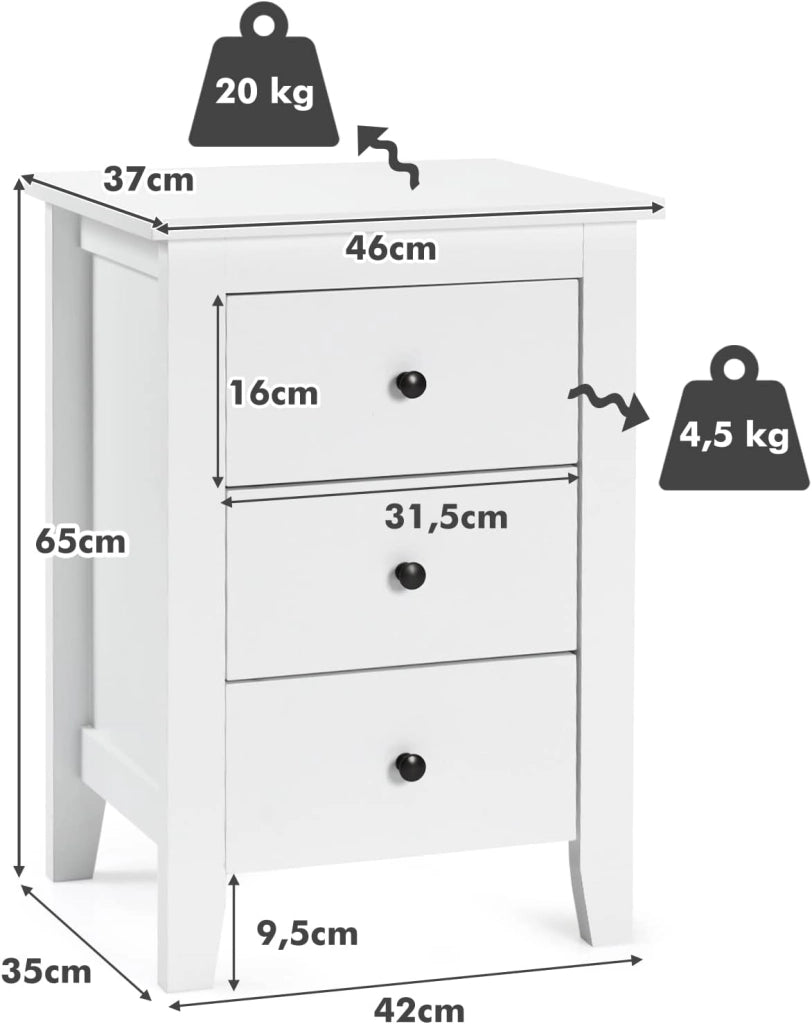 Comodino in Legno, Tavolino da Salotto con 3 Cassetto, Moderno Tavolino da Salotto per Soggiorno, Camera da Letto, 46 x 37 x 65 cm, 2 Colori (bianco)