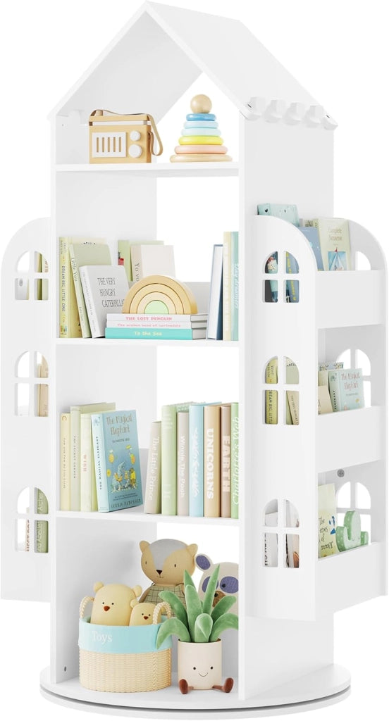Libreria Bianca per Bambini Girevole, Mobile Portaoggetti per Bambini a 4 Livelli con 2 Spazi di Archiviazione Laterali, a Forma di Casa, 63x59x125cm