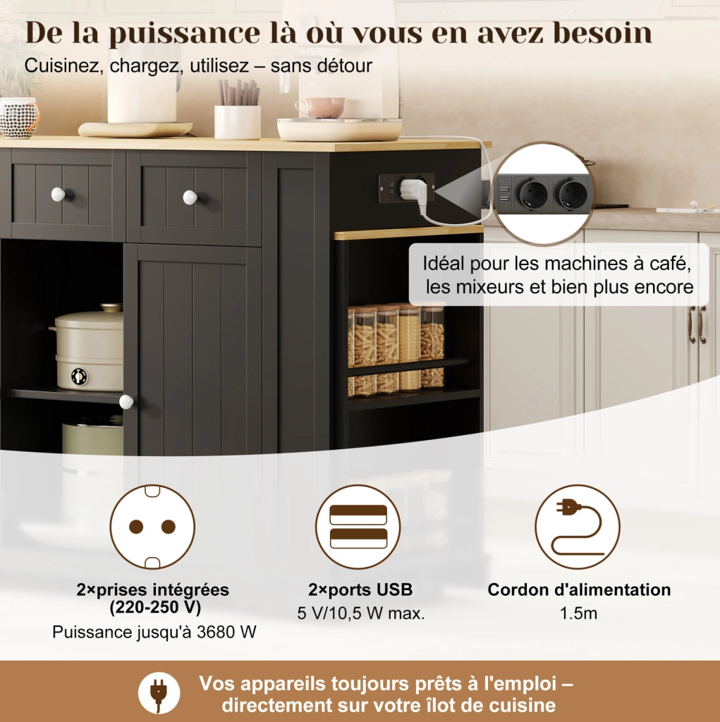 Isola da cucina mobile con tavolo estraibile; prese USB e 2 prese EU; 138(213)x55x93 cm; nero e naturale