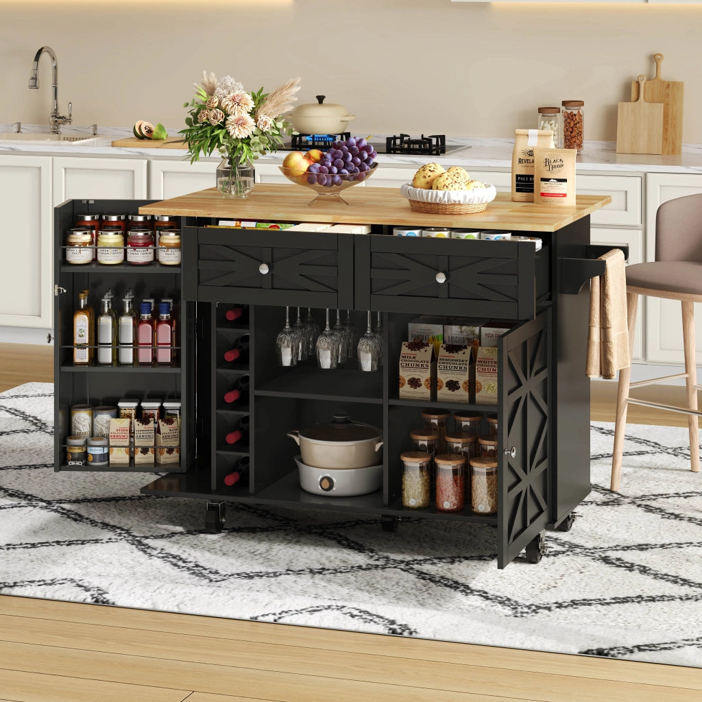 Isola cucina con piano ribaltabile, 1 porta, 2 cassetti, ruote bloccabili, nero, 120 x 45(70) x 89 cm