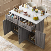 Carrello da cucina con piano ribaltabile, 129x71x91,5 cm, con 2 cassetti, vani regolabili e 5 ruote, bianco e grigio