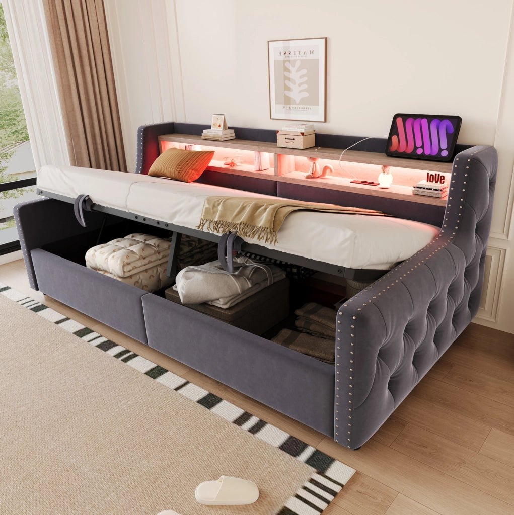 Divano letto imbottito 90x200 cm con contenitore; LED; mensola; presa USB e Type-C; velluto grigio