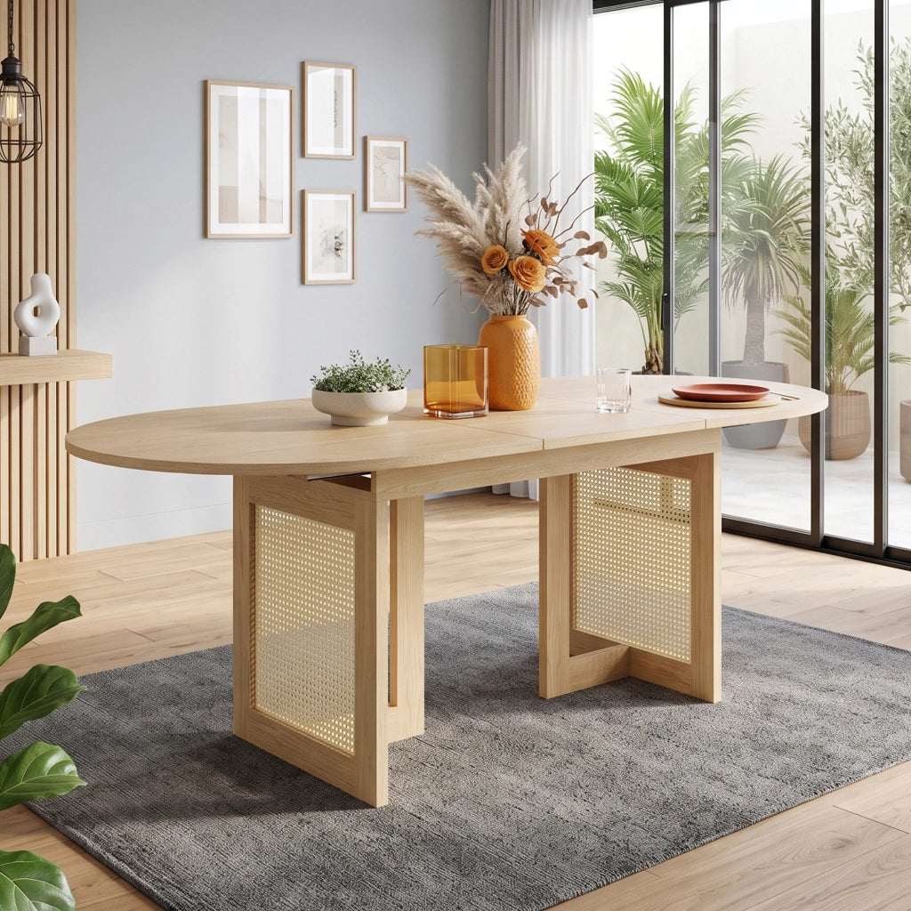Tavolo da pranzo allungabile 120/160 x 80 cm, colore rovere, in MDF, con gambe effetto rattan