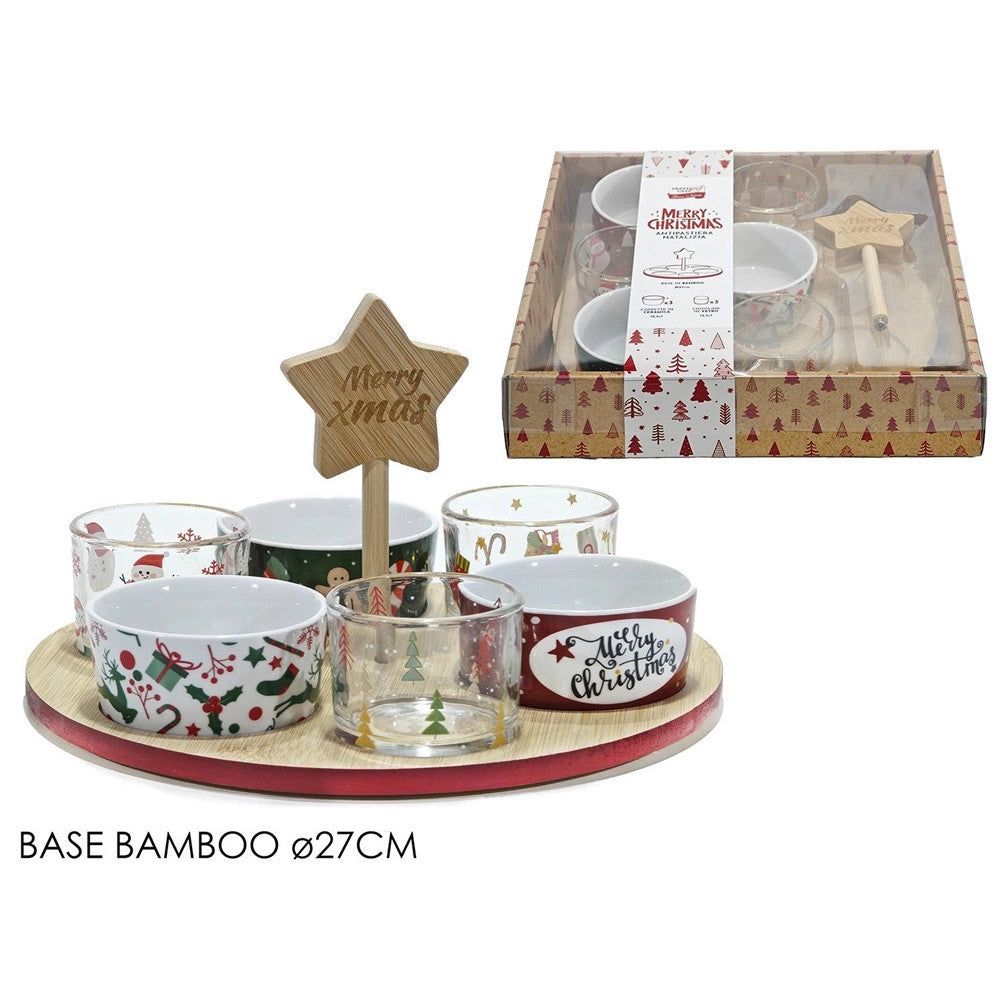 Trade Shop - Set Antipastiera Natalizia Base Rotonda In Bamboo ø 27 Cm Con 6 Ciotole Assortite -