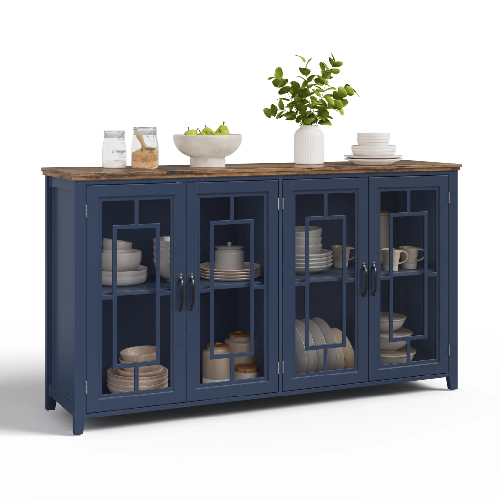 Credenza da cucina 160 cm con ante in vetro, ripiani interni e piano effetto legno, blu