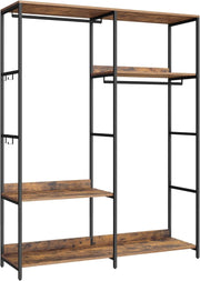 Guardaroba, Stand Appendiabiti, Armadio Aperto con Aste per Appendere, Ripiani Portaoggetti, Ganci Rimovibili, 118 x 40 x 181 cm, Marrone Vintage RGR025B01